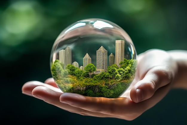 A hand holding a glass ball with a city in the background