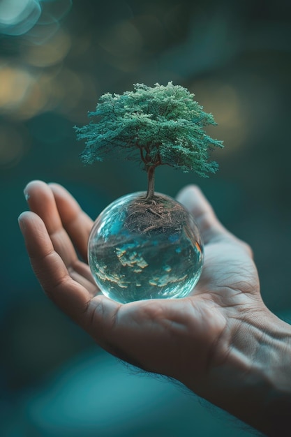 Photo a hand holding a glass ball with a tree inside