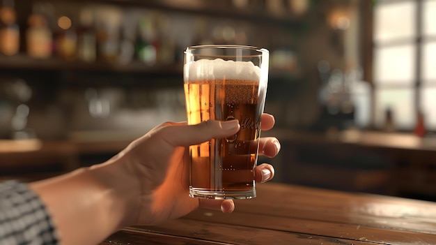 Photo a hand holding a glass of beer in a bar or pub the glass is being held up to the light which is creating a golden glow around the beer