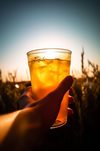 A hand holding a glass of beer with the sun behind it