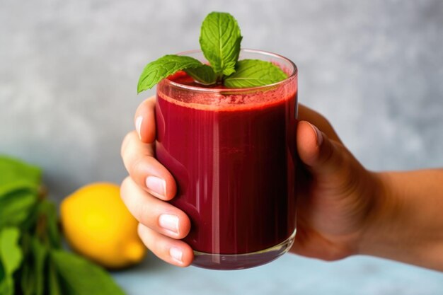 Hand holding a glass of beetroot and carrot juice with mint leaves on top