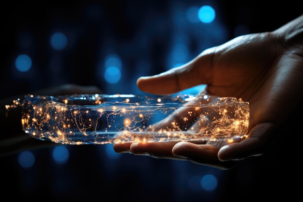 A hand holding a glass container with a light that is lit up by a hand.