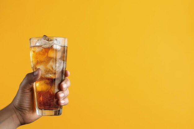 Hand holding glass cup with soda and ice cubes yellow background ai