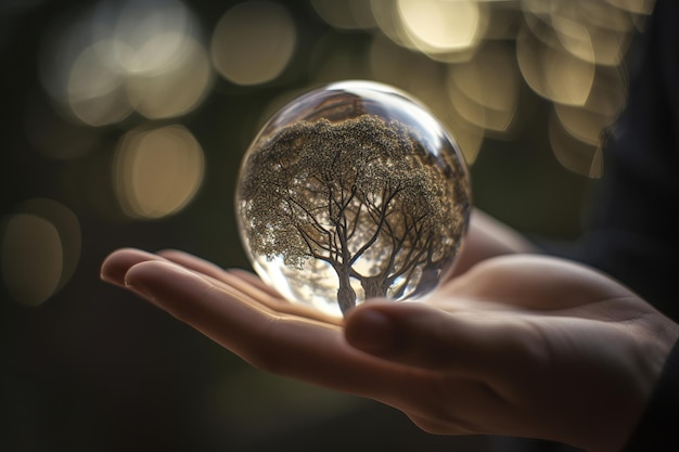 Hand holding glass globe ball with tree growing Ai Green nature eco concept