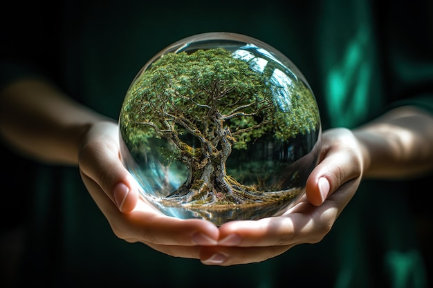 Hand holding glass globe ball with tree growing Ai Green nature eco concept