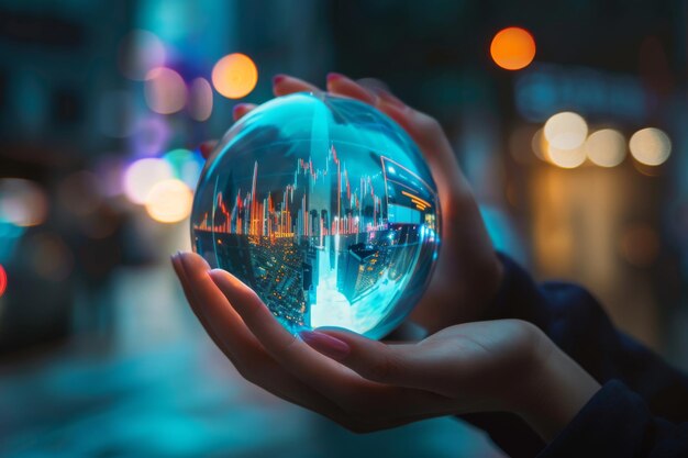 a hand holding a glass globe with the city in the background
