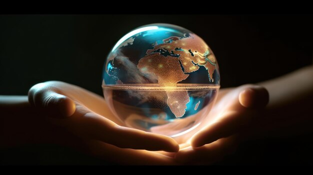 A hand holding a glass globe with the world on it