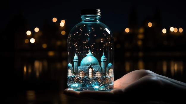 Photo hand holding glass jar with mosque at night ramadan kareem concept