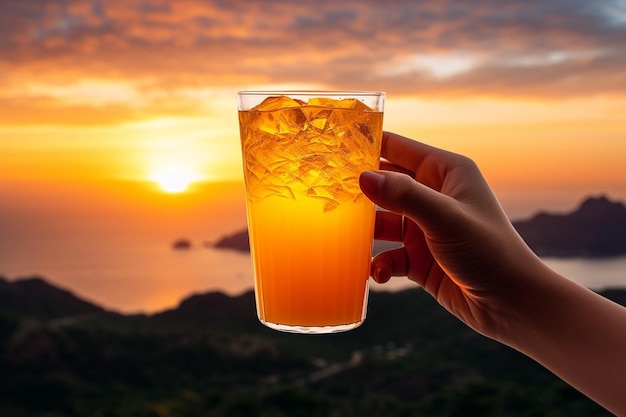 A hand holding a glass of mango juice against a colorful sunset sky
