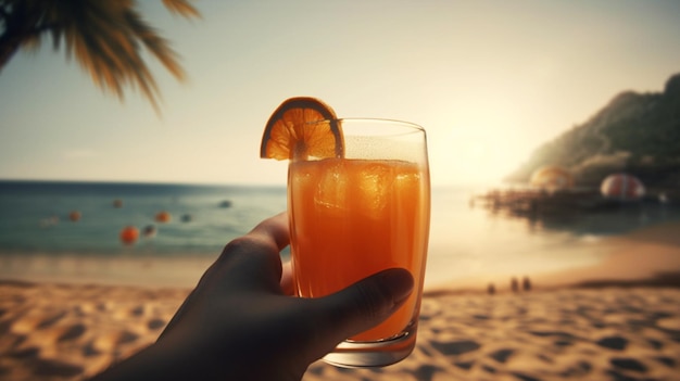 A hand holding a glass of orange juice on a beach