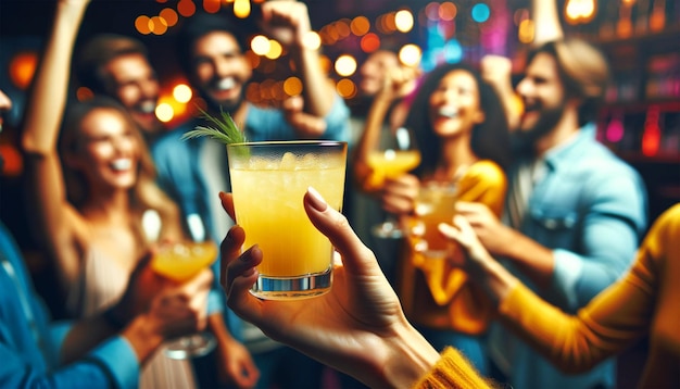 Photo hand holding a glass of pink cocktail set against a background of people cheering in a nightclub