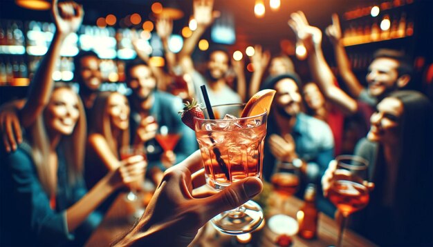 Photo hand holding a glass of pink cocktail set against a background of people cheering in a nightclub