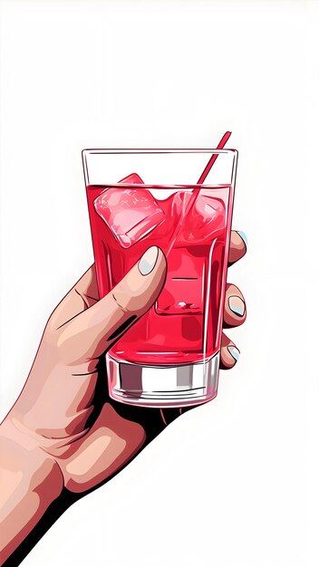 Foto mano che tiene un bicchiere di cocktail rosso con cubetti di ghiaccio su uno sfondo bianco ai generative