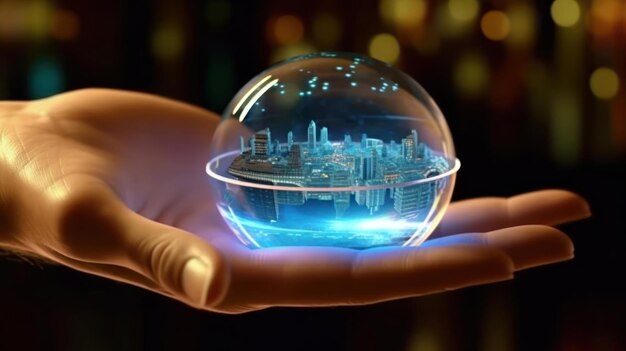 A hand holding a glass sphere with a city inside.