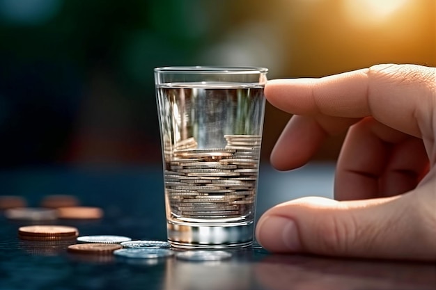 Hand holding glass of water with coins inside