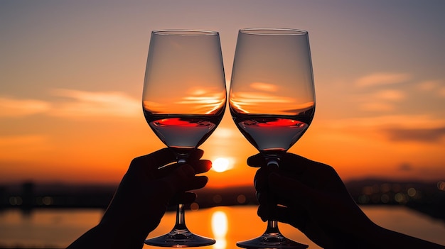 Hand holding glasses at sunset silhouette