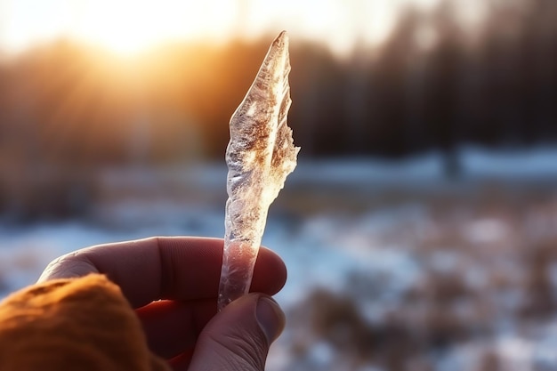 A hand holding a glistening sharp icicle