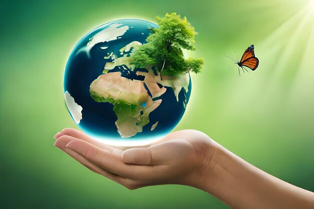 A hand holding a globe with a tree and butterflies on it