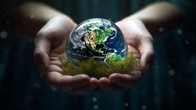 A hand holding a globe with the word planet on it