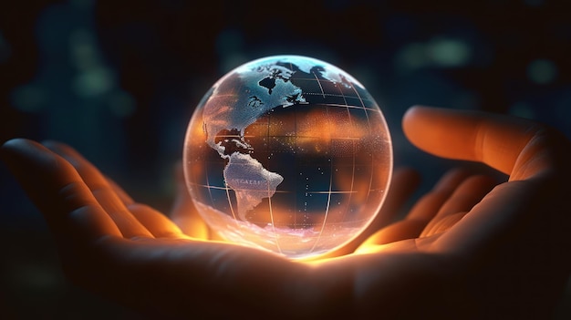 A hand holding a globe with the world on it
