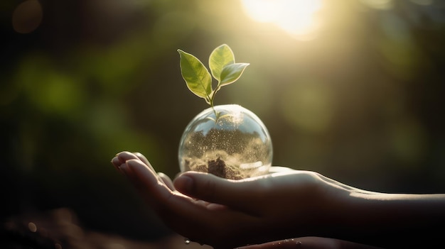 写真 若い植物の成長と自然概念の太陽の光で地球を持っている手は、地球を救うジェネレーティブ ai