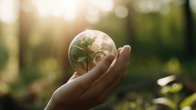 Рука держит глобус с молодыми растениями и солнечным светом в природе, концепция спасает землю Генеративный ИИ
