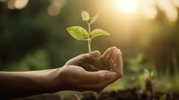 Hand holding globe with young plant growing and sunshine in nature concept save earth Generative AI