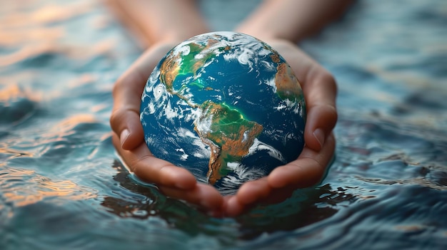 A hand holding globe world water day concept to promote environmental protection Generative AI