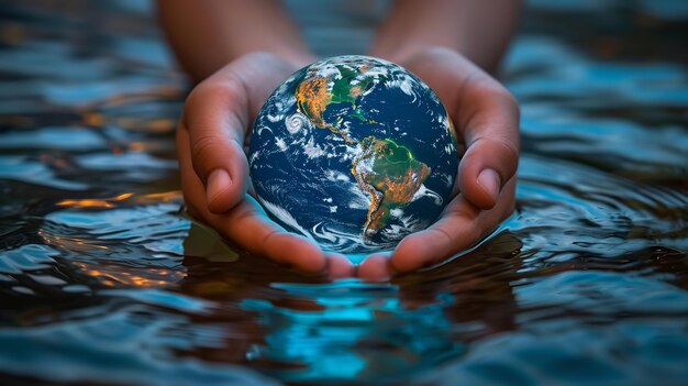 A hand holding globe world water day concept to promote environmental protection Generative AI