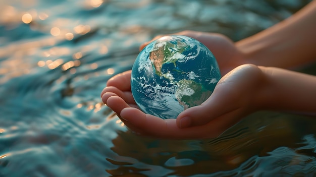 A hand holding globe world water day concept to promote environmental protection Generative AI