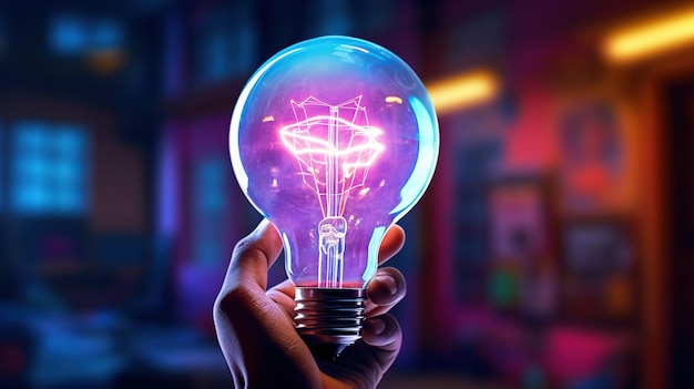 Photo hand holding a glowing light bulb on blurred background 3d rendering