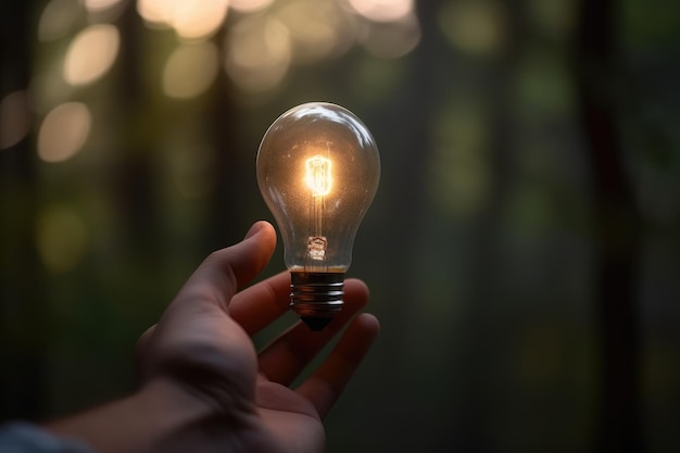 Hand holding a glowing light bulb in the forest Business idea concept Business and innovation concept AI Generated
