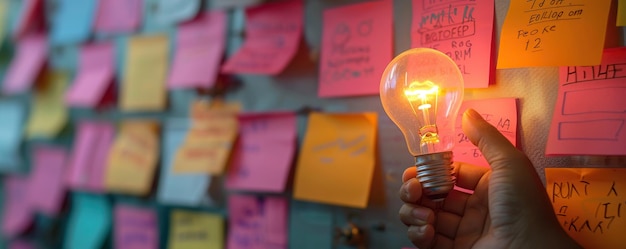 Hand holding glowing light bulb sticky note at brainstorming board at background