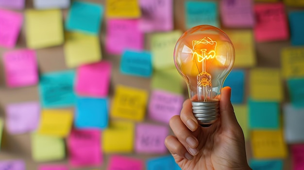 Hand holding glowing light bulb sticky note at brainstorming board at background