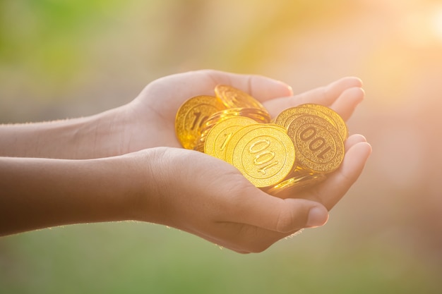 Hand holding gold coins on nature background