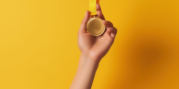 Photo hand holding gold medal competition concept yellow background generative ai