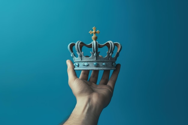Foto mano che tiene la corona dorata su sfondo blu corona del re ai