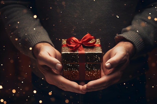 Hand holding golden gift with red tied bow festive celebration