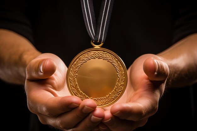 Hand holding golden medal