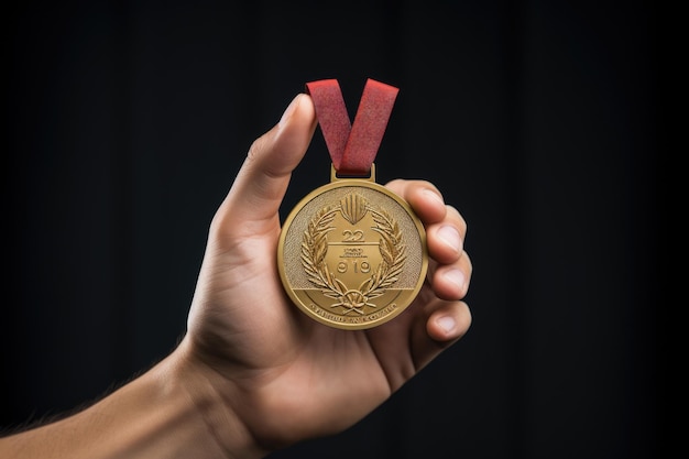 Hand holding golden medal