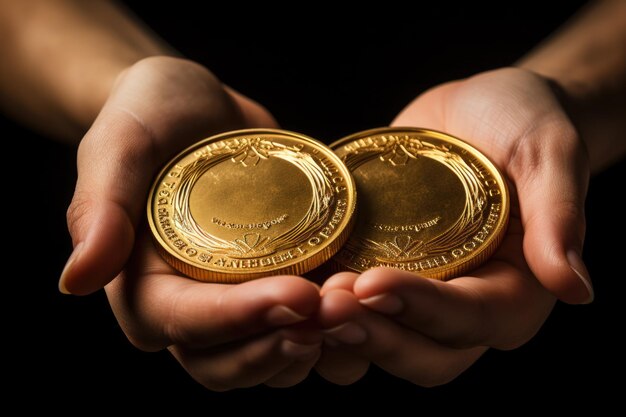 Hand holding golden medal