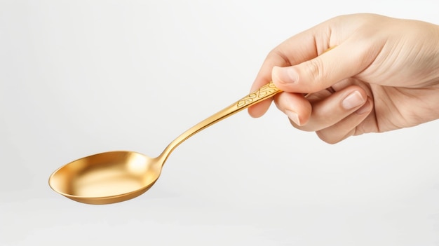 Hand holding golden spoon and picking up something from side view isolated on white