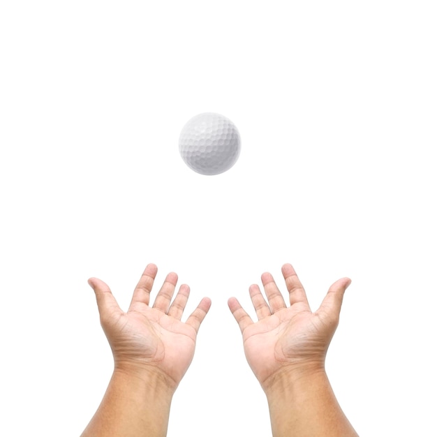 Hand holding Golf ball on white background