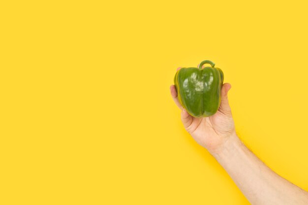 Hand holding a green bell pepper