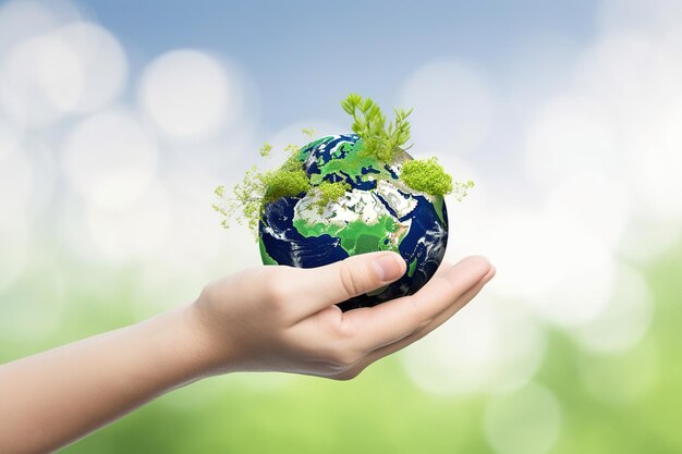 Hand holding green earth isolated on blurred background mother earth day illustration