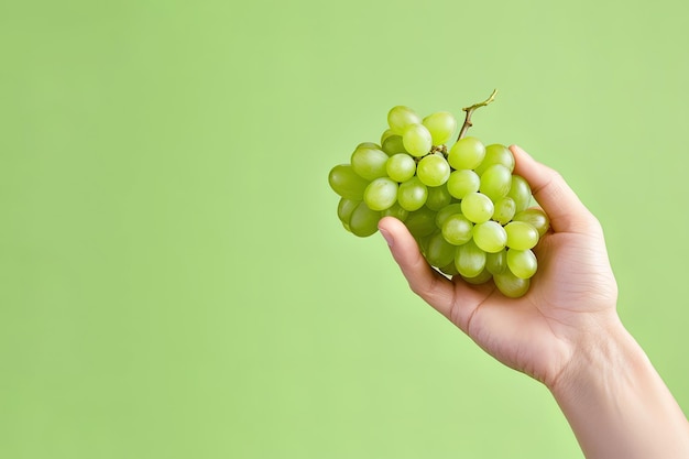 Hand holding green grapes bunch isolated on green background with copy space