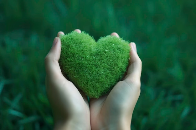 A hand holding a green heart with a green moss on it.