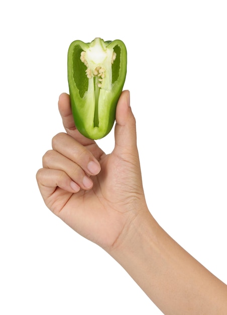 Hand holding Green jalapenos chili pepper cut in half isolated on white background