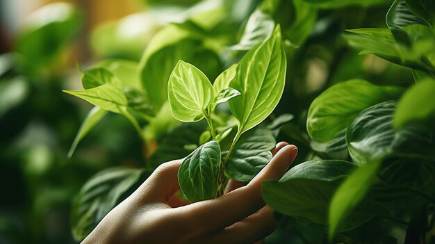 Hand holding green leaves of plants Plants care concept