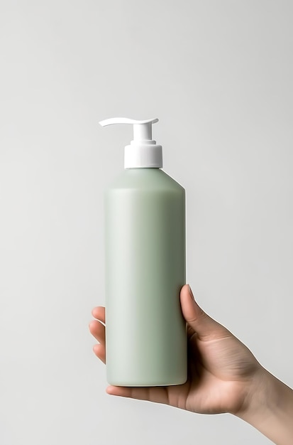 Hand Holding a Green Pump Dispenser Bottle Against a Neutral Background